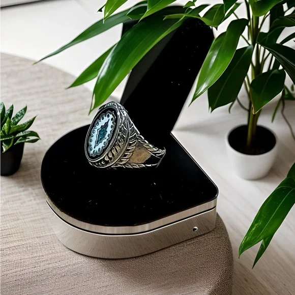 Men’s Stainless Onyx and Turquoise Ring - Picture 3 of 3
